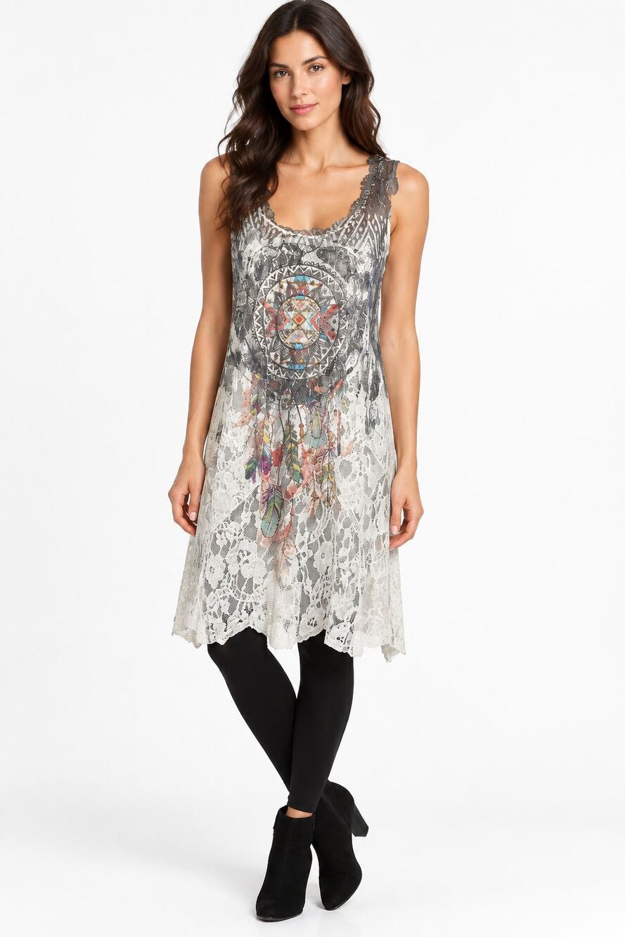 Origami Black and White Aztec Lined All Lace Tunic Dress with Pockets S/M